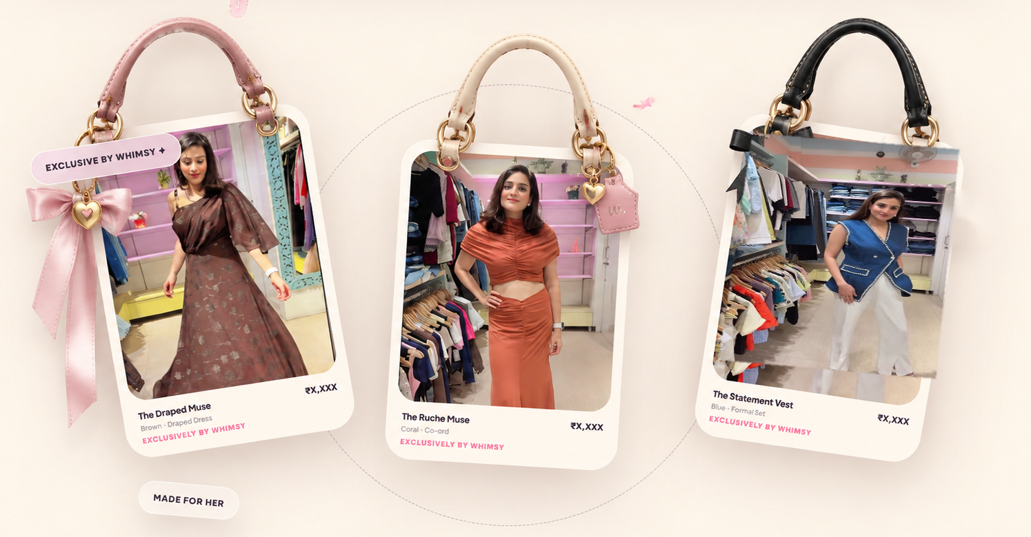 The Draped Muse, The Ruche Muse and The Statement Vest presented as premium handbag-inspired fashion cards